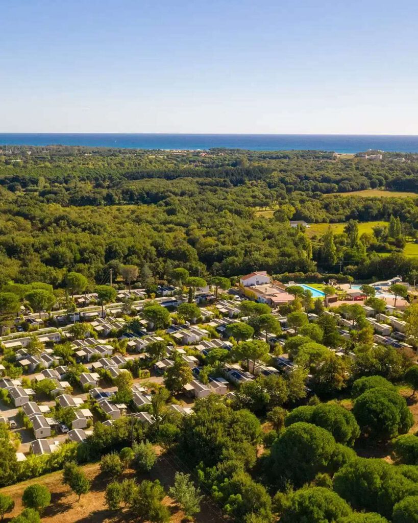 Vue aérienne d'un camping en bord de mer : rangées de mobil-homes, piscine et pinède, mer à l'horizon