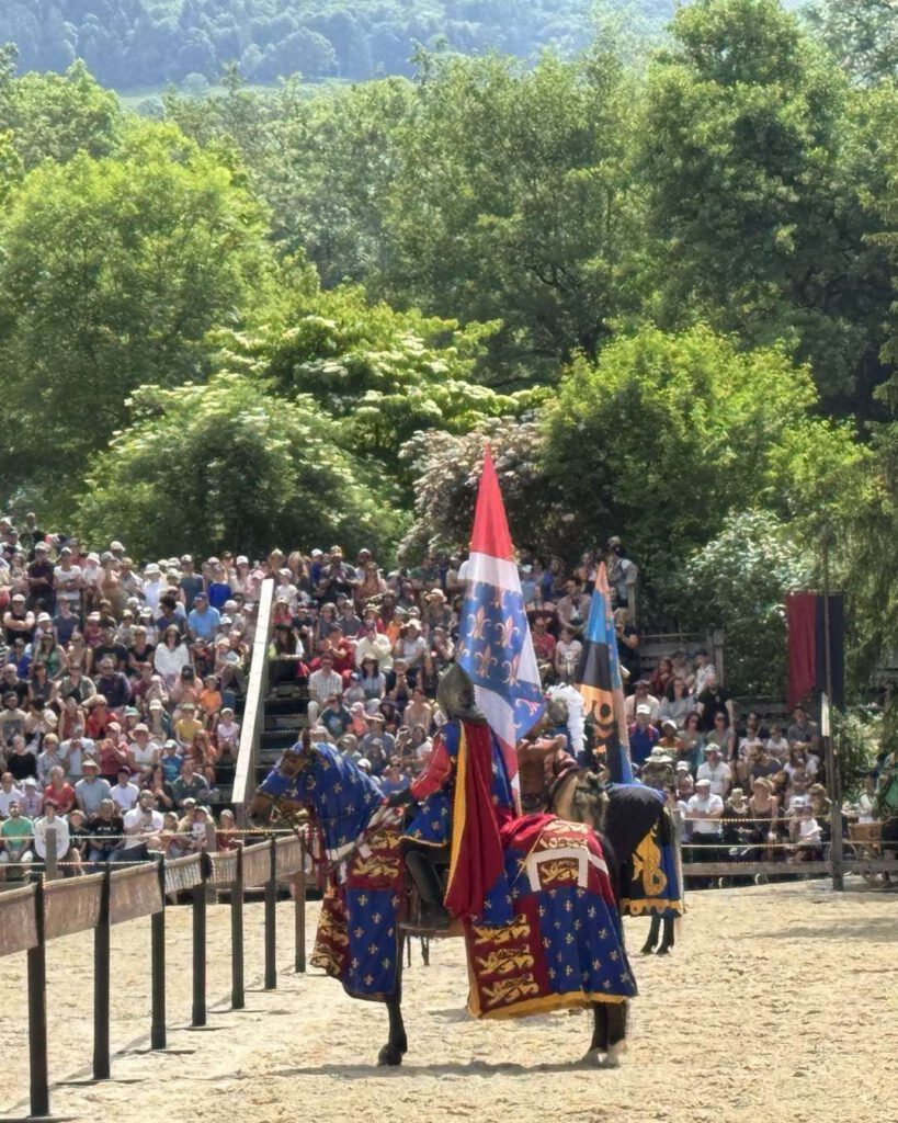 Spectacle de fête médiévale : chevalier en armure sur un cheval caparaçonné de bleu fleurdelisé, gradins remplis et arène de sable