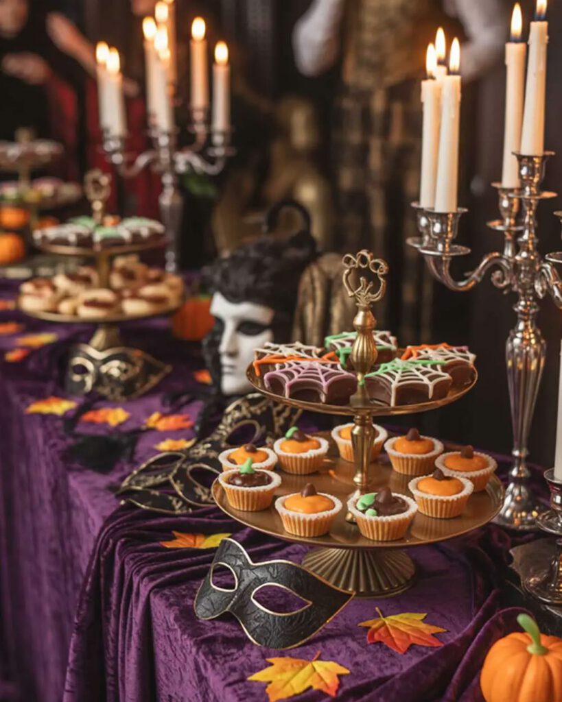 Table de desserts d'Halloween gothique : nappe en velours violet, candélabres argentés à bougies, masques vénitiens et présentoirs dorés garnis de cookies en toile d'araignée et de cupcakes citrouille.