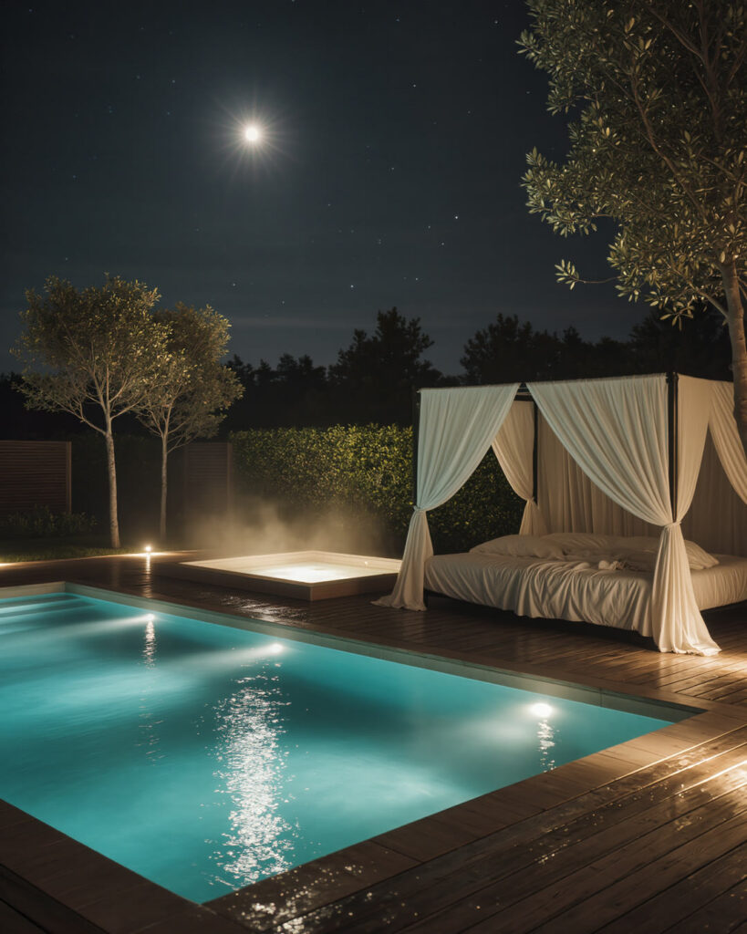 Terrasse nocturne au bord d'une piscine éclairée sous la pleine lune, lit à baldaquin aux voilages blancs et spa fumant entouré d'oliviers.